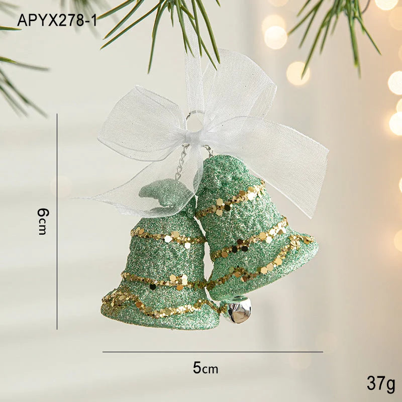 Green Glitter Christmas Bell Ornaments with White Bow