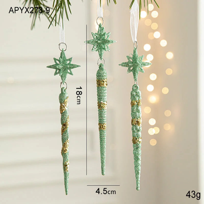 Green Glitter Icicle Christmas Ornaments with Star Tops