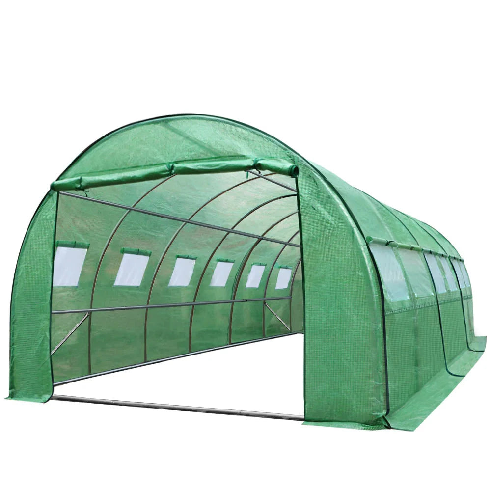 Green greenhouse with arched frame and greenhouse cover