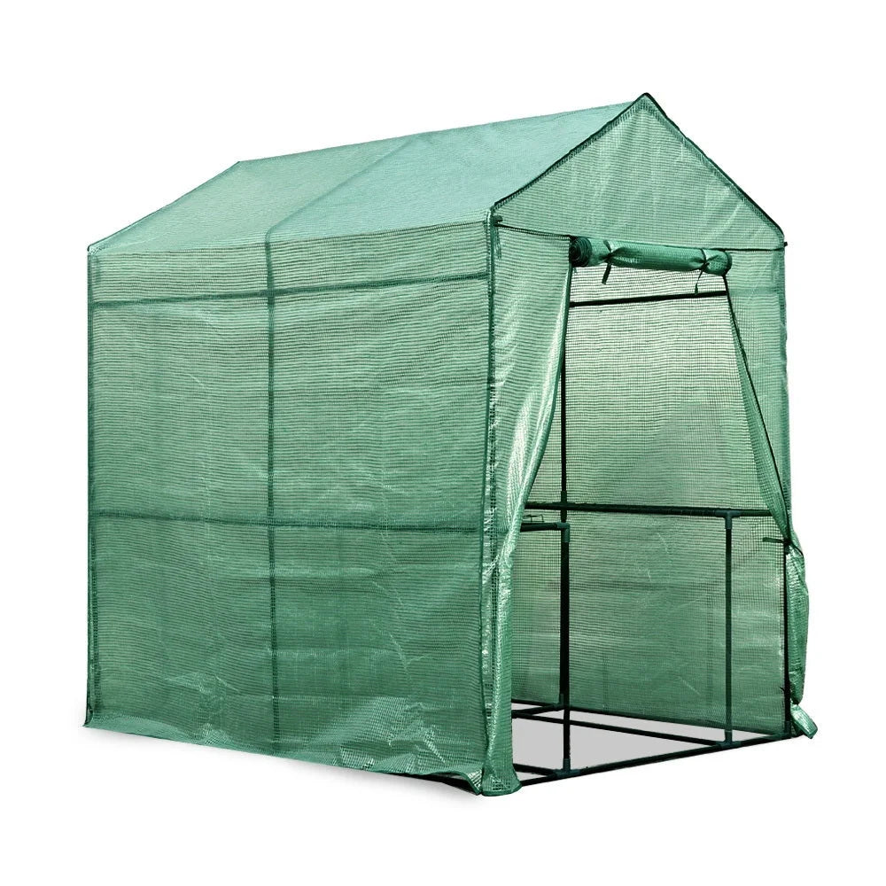 Green 9x1 greenhouse with polycarbonate panels and metal supports
