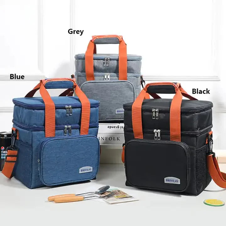 Grey Large Capacity Lunch Bag - Dual-Layer Insulated Cooler