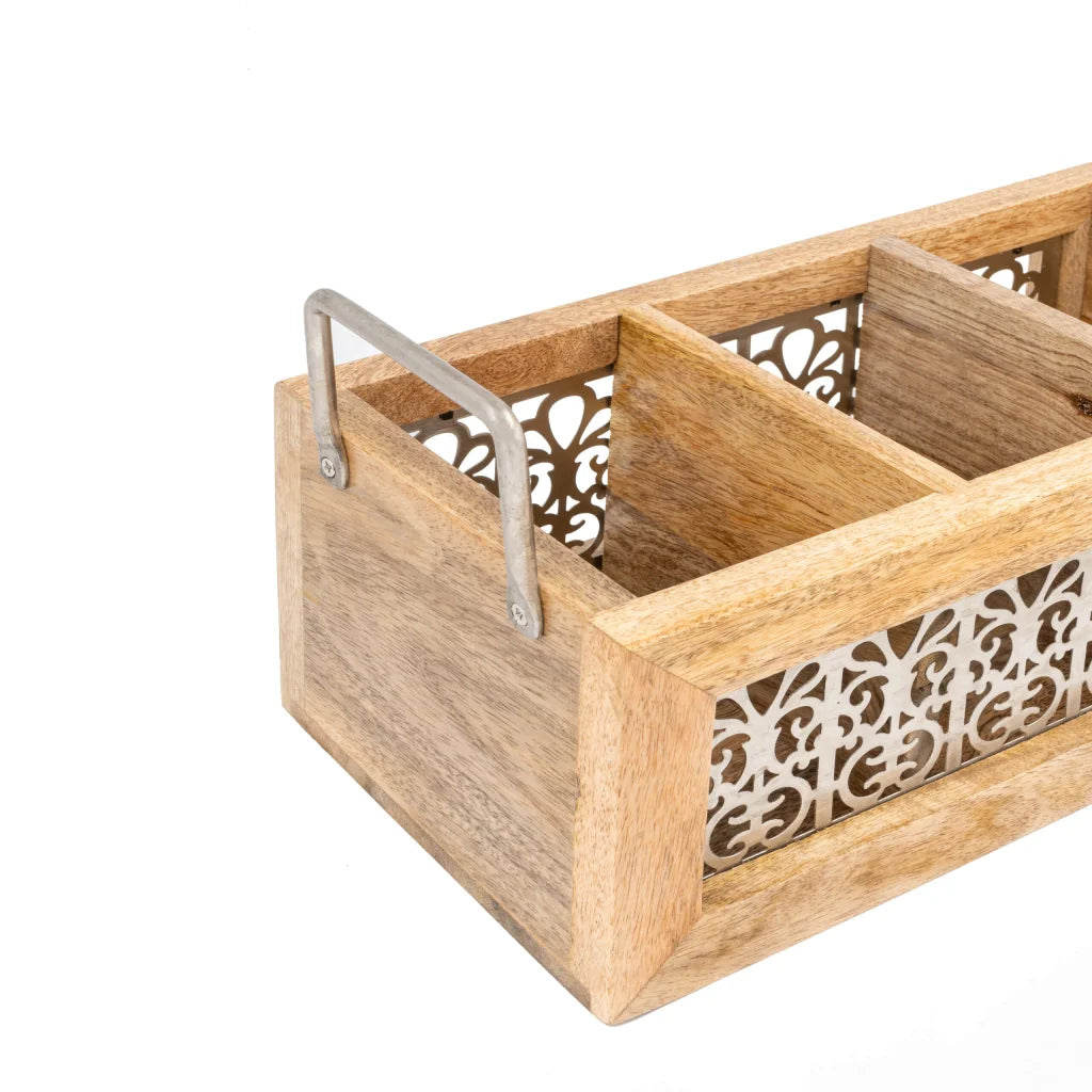 Handcrafted Mango Wood Cutlery / Storage Caddy Three