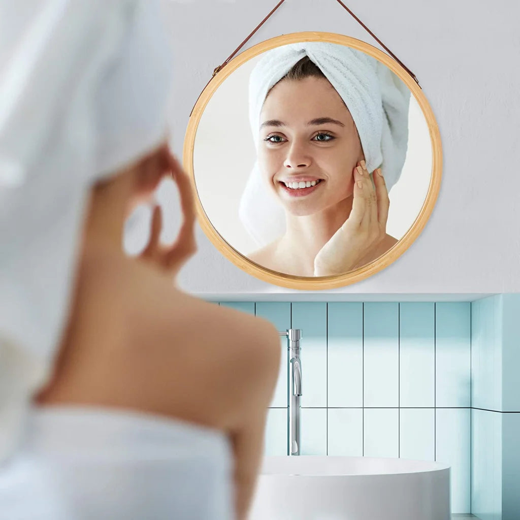 Hanging Round Wall Mirror 38cm - Solid Bamboo Frame