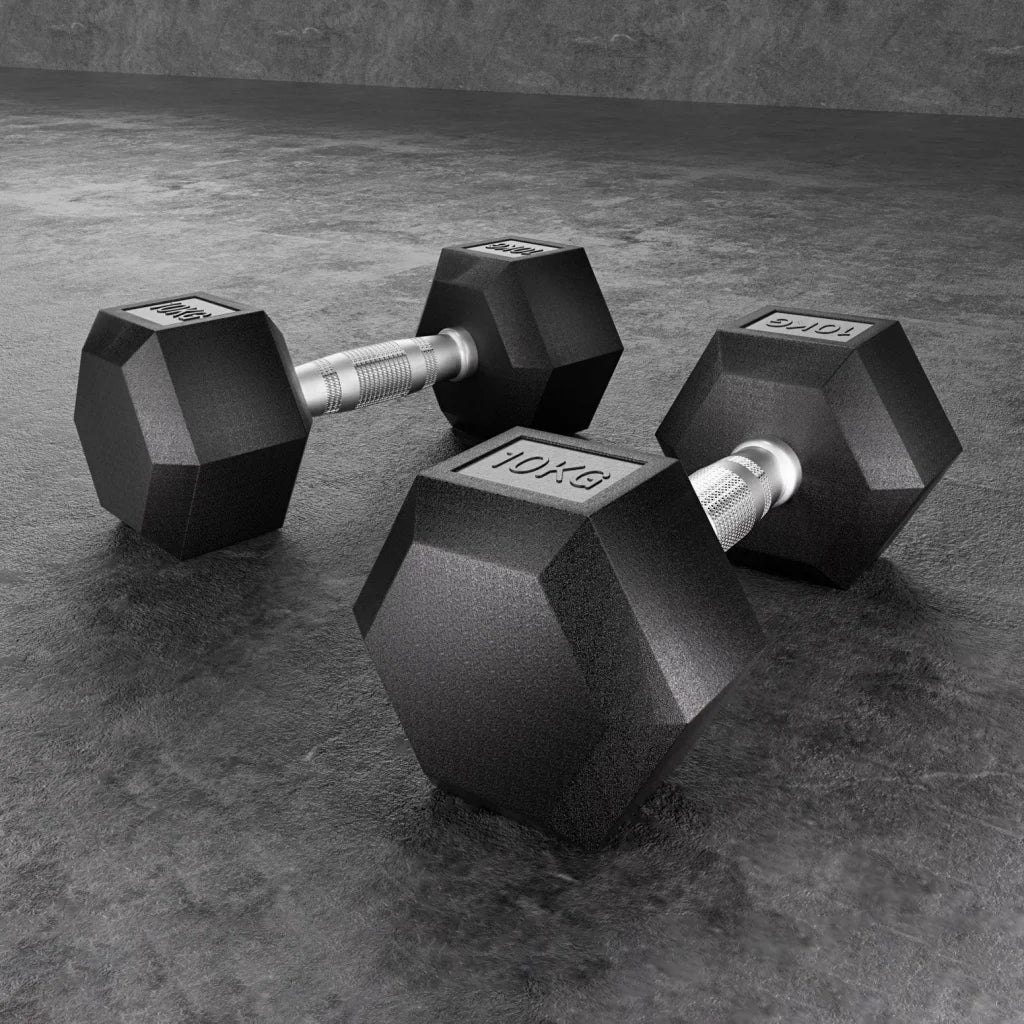 Hex dumbbells set with colour matched pieces and support fittings
