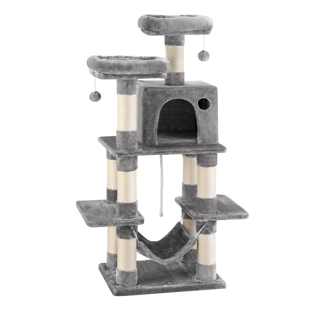 Cat tree with wooden tower shelves and scratching poles