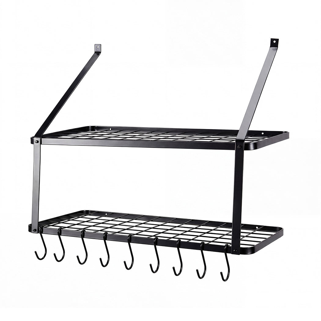 Toque Metal Pot Pan Rack Hanging Kitchen Shelf Wall Mounted Organizer 10 Hooks