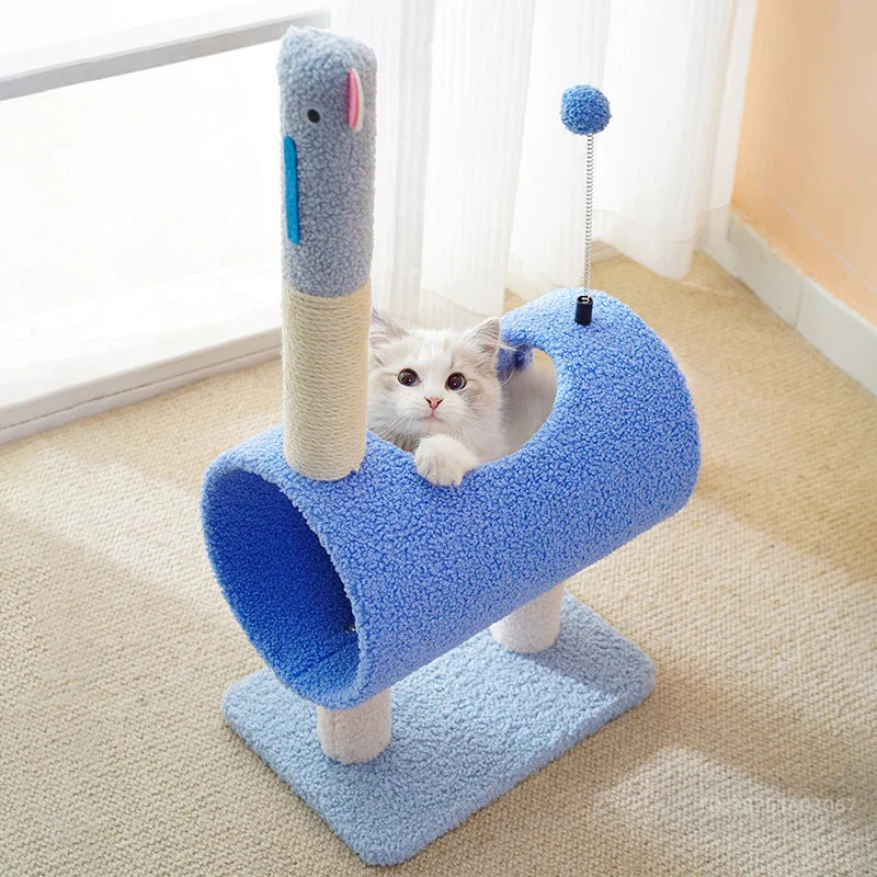 Interactive Cat Tunnel & Scratching Post with Spring Toy