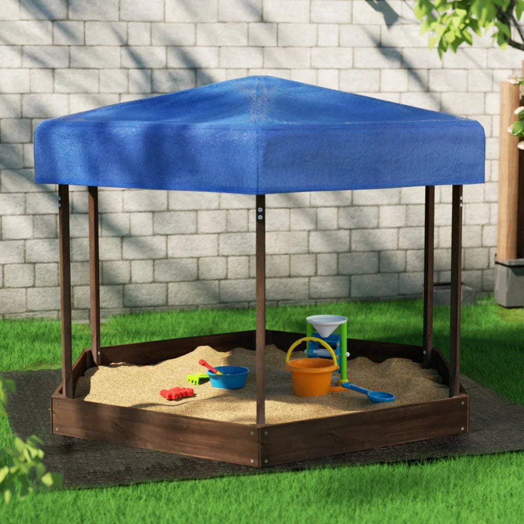 Kids Sandpit Wooden Hexagon Sand Pit with Canopy Outdoor