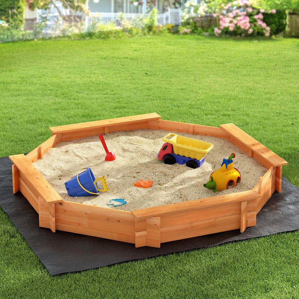 Kids Sandpit Wooden Round Sand Pit with Cover Bench Seat