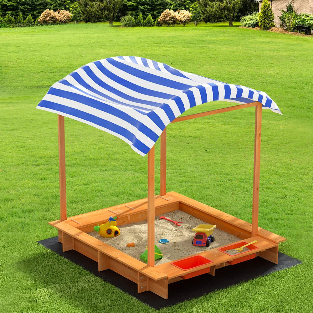 Kids Sandpit Wooden Sandbox Sand Pit with Canopy Water