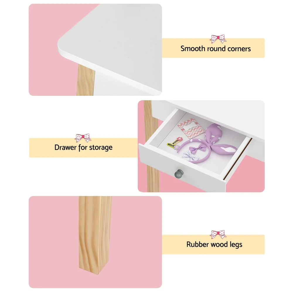 Kids Vanity Makeup Dressing Table Chair Set with Wooden Leg