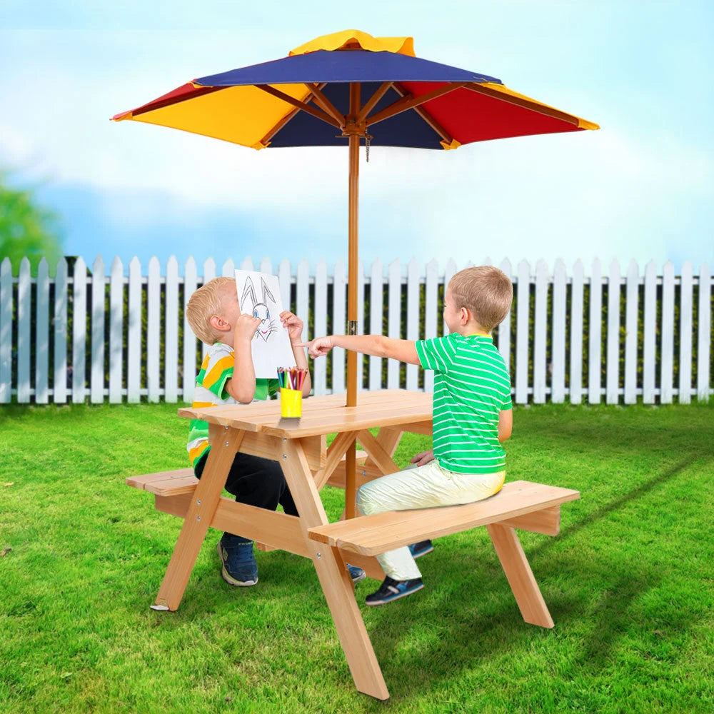 Kids Wooden Picnic Table Set with Umbrella - Furniture
