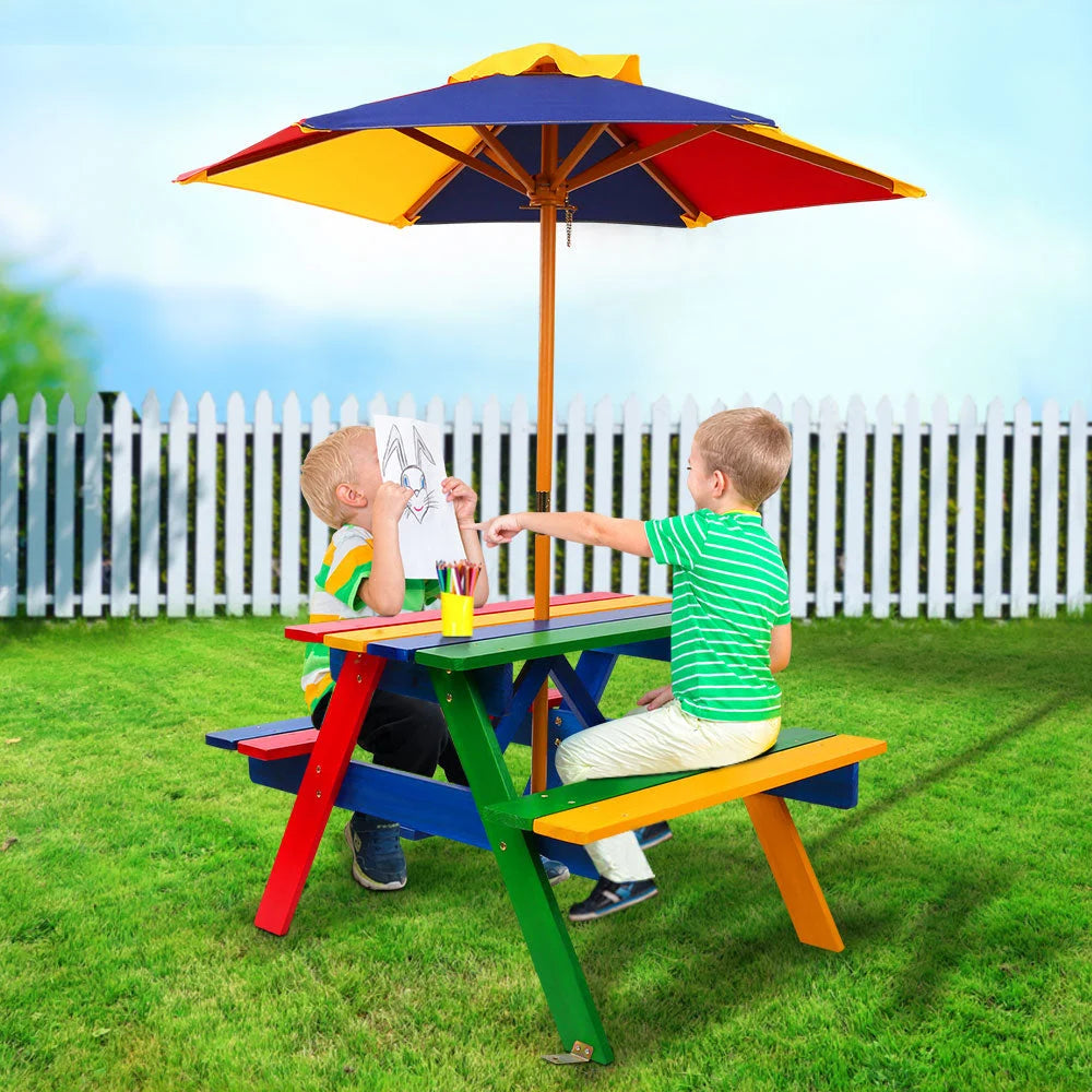 Kids Wooden Picnic Table Set with Umbrella - Furniture