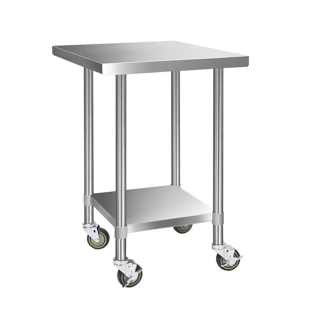 Kitchen bench commercial with caster wheels and side handle rail