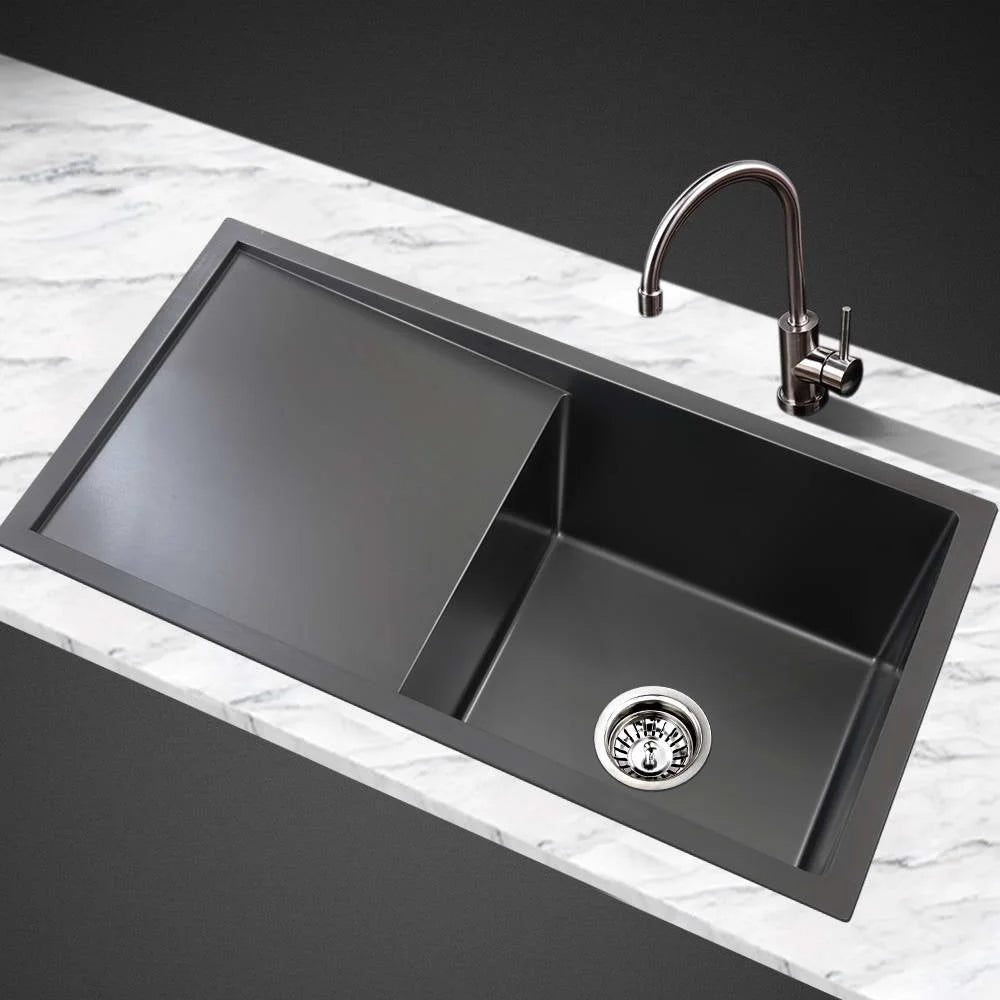 Black steel 75cm kitchen sink with stainless steel double bowl and drain board