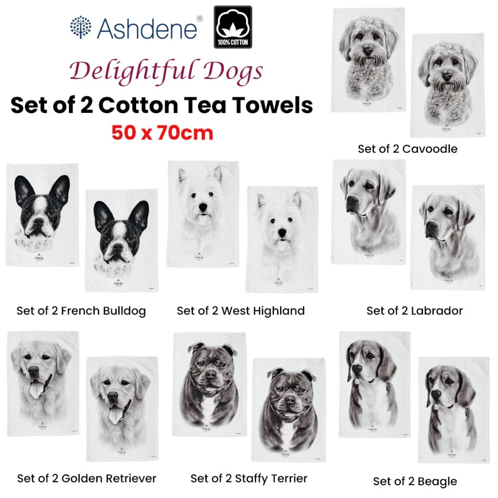 Kitchen Tea Towels Set of 2 Delightful Dogs Cotton 50x70 cm
