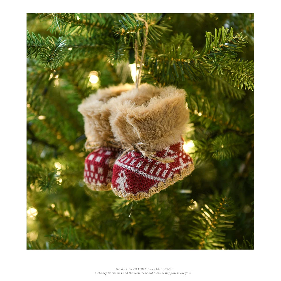 Knitted Christmas Boot Ornaments with Faux Fur Trim - Set