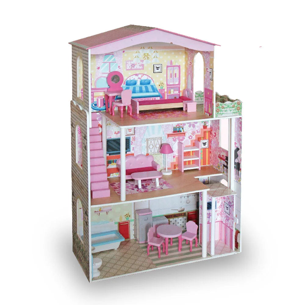 Large Wooden Dolls Doll House 3 Level Kids Pretend Play Toys Full Furn ...