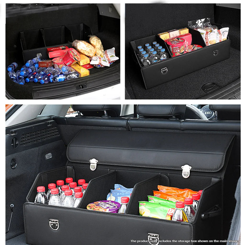Leather Car Boot Organizer Premium Collapsible Foldable Trunk Cargo Storage Box with Lock Black Large