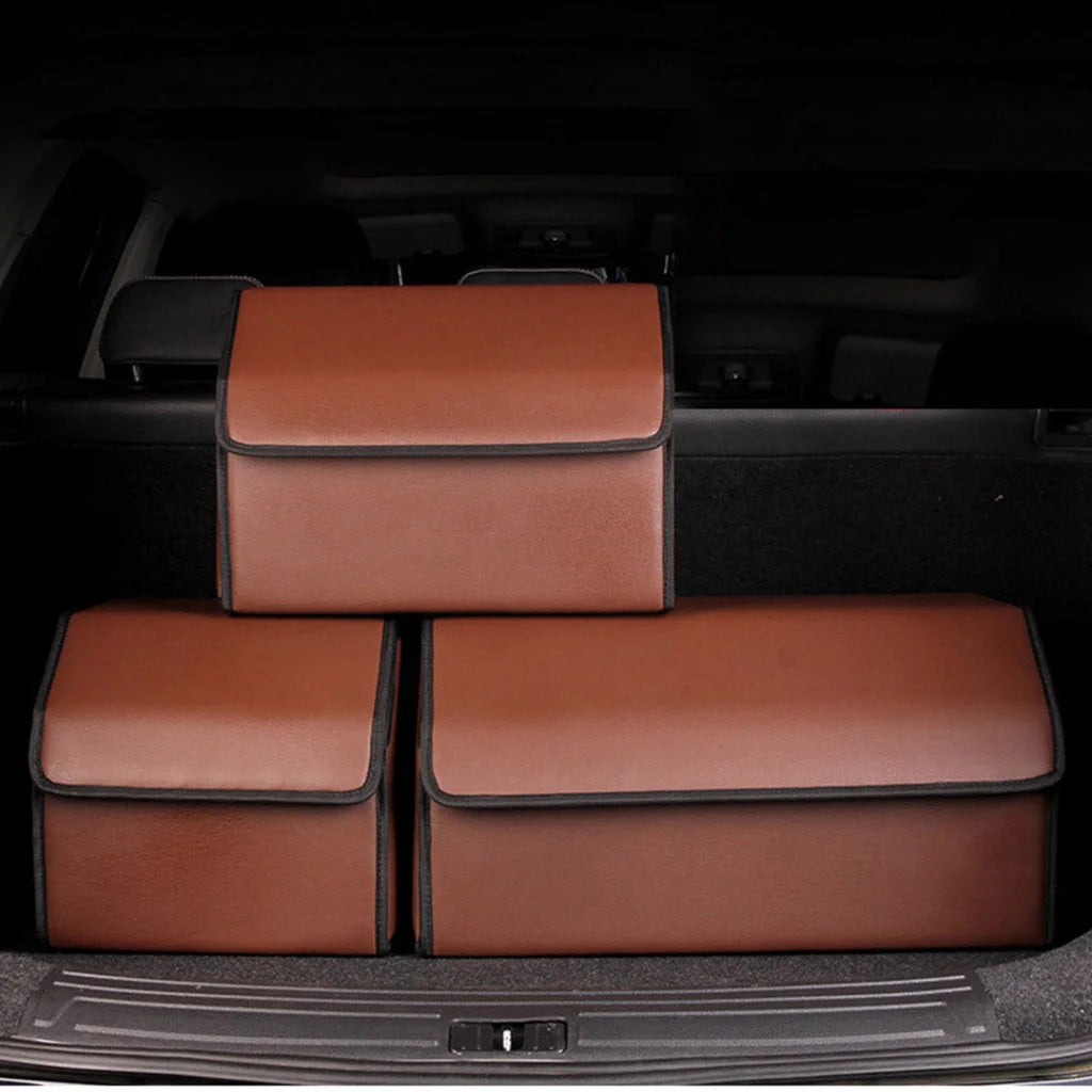 Leather Car Boot Trunk Cargo Organizer 4X Collapsible Foldable Storage Box Coffee Medium