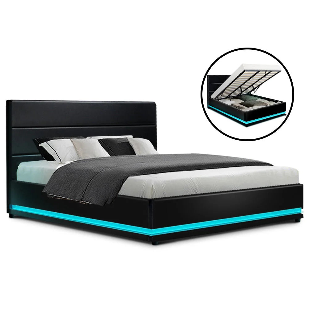 LED Bed Frame PU Leather Gas Lift Storage Black King Lumi