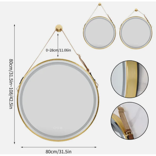 LED Round Hanging Wall Mirror Salon / Bathroom - Gold 80cm