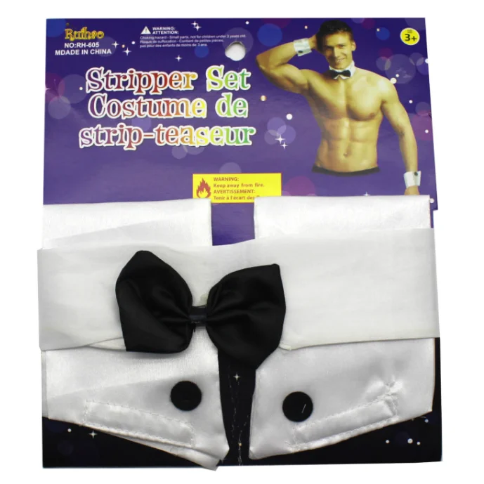 Male Stripper Set Costume Cuffs Collar & Bow Tie Waiter Fun