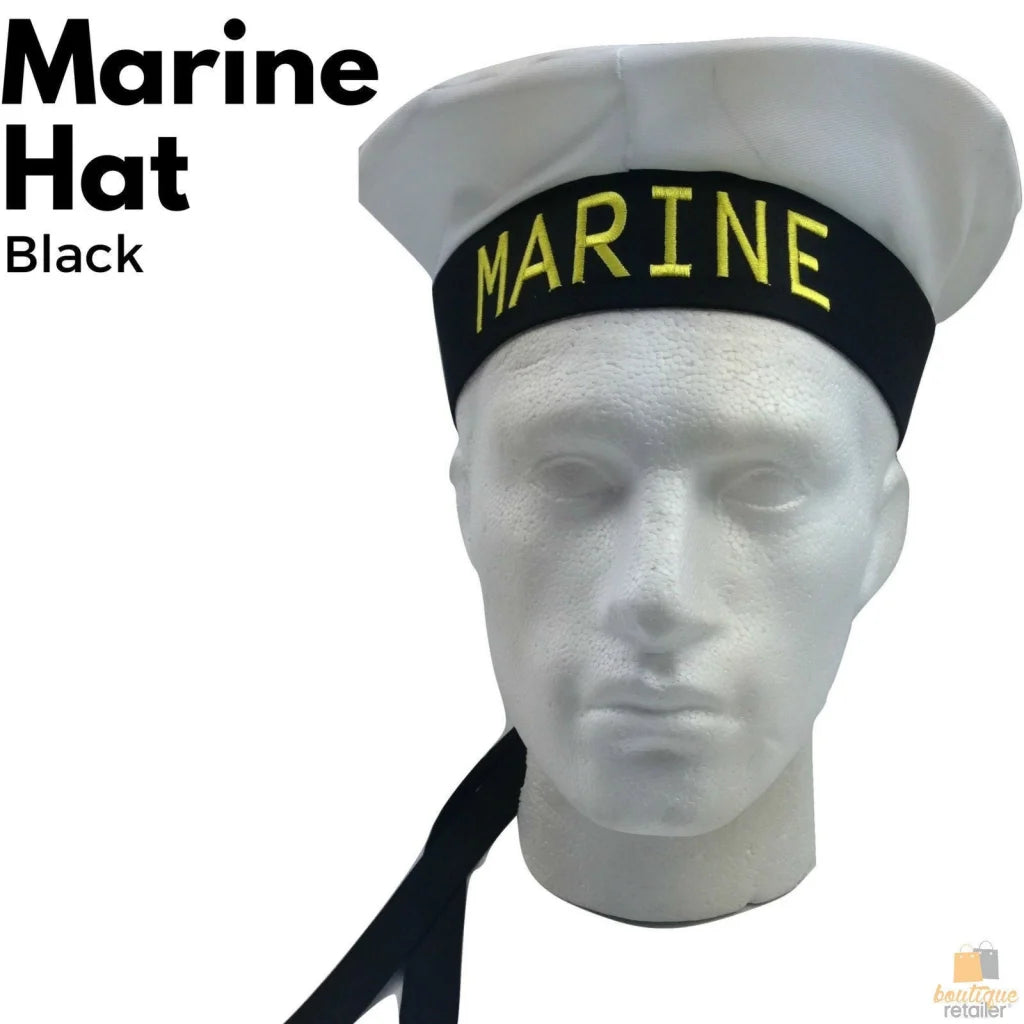 MARINE HAT Cap White BLACK Skipper Navy Sea Fancy Dress