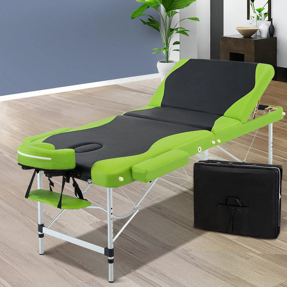 Massage Table Aluminium 3-Fold Portable Green/Black