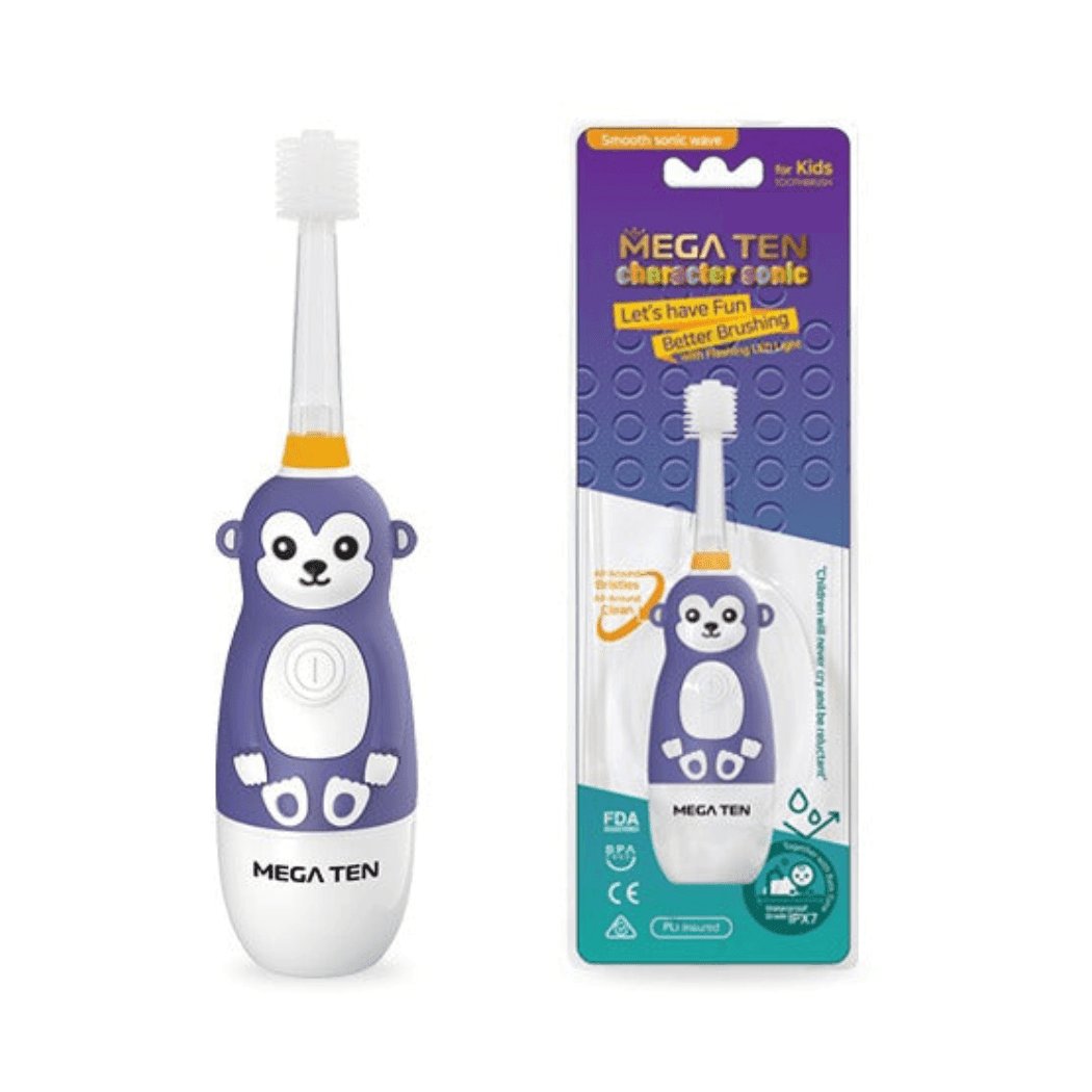 MEGA TEN 360-Degree Kids Electric Toothbrush with LED Light 1-4 Yrs Monkey