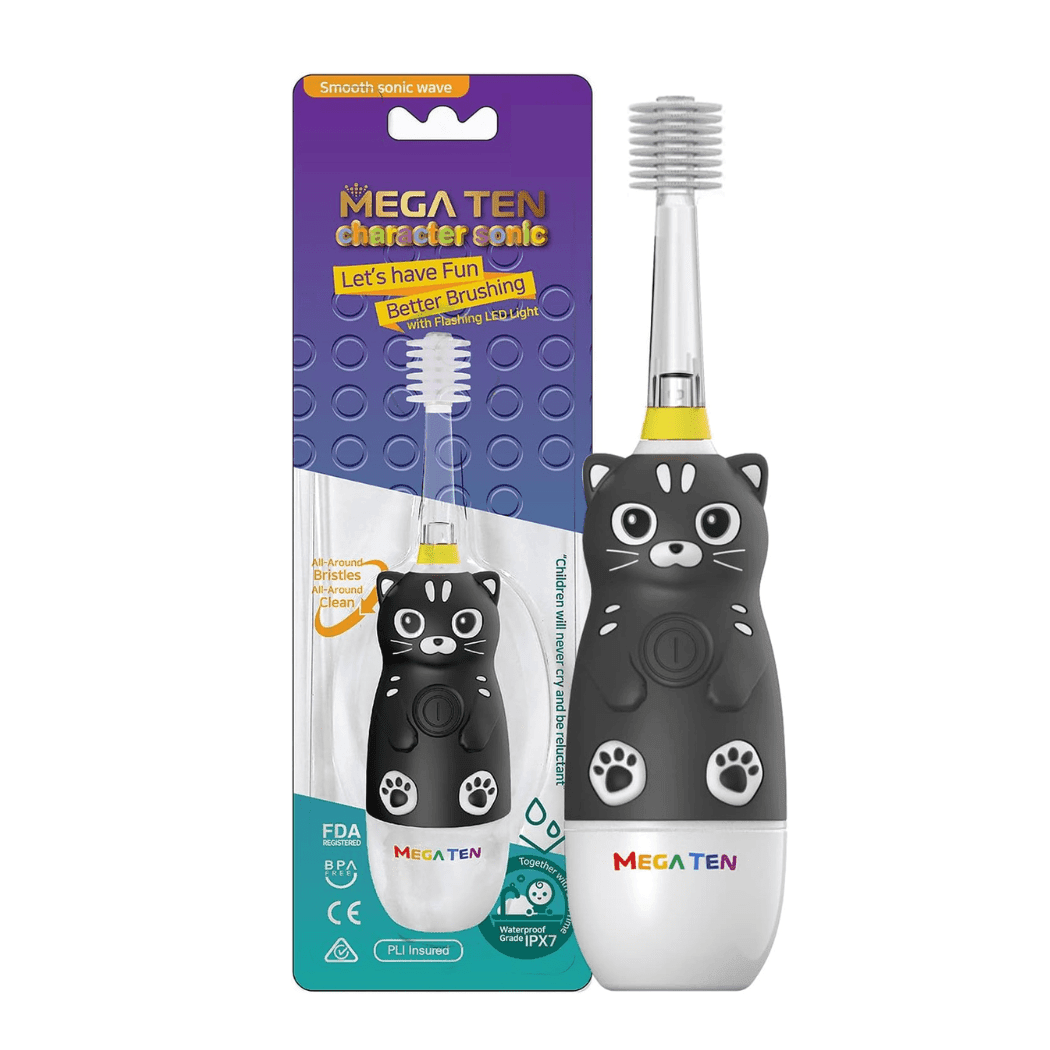 MEGA TEN 360-Degree Kids Electric Toothbrush with LED Light 4Yrs+ Black Cat