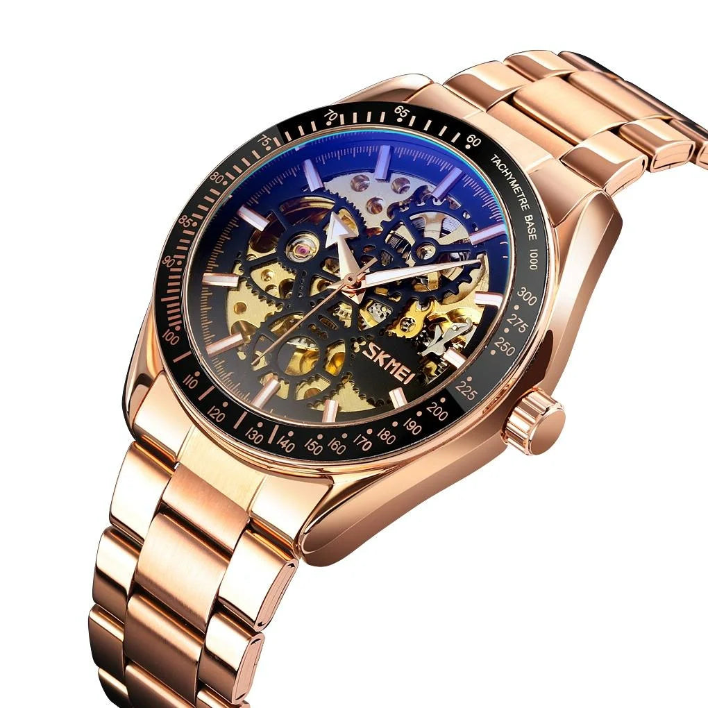 Men Automatic Mechanical Watch with Gear Dial - Gold