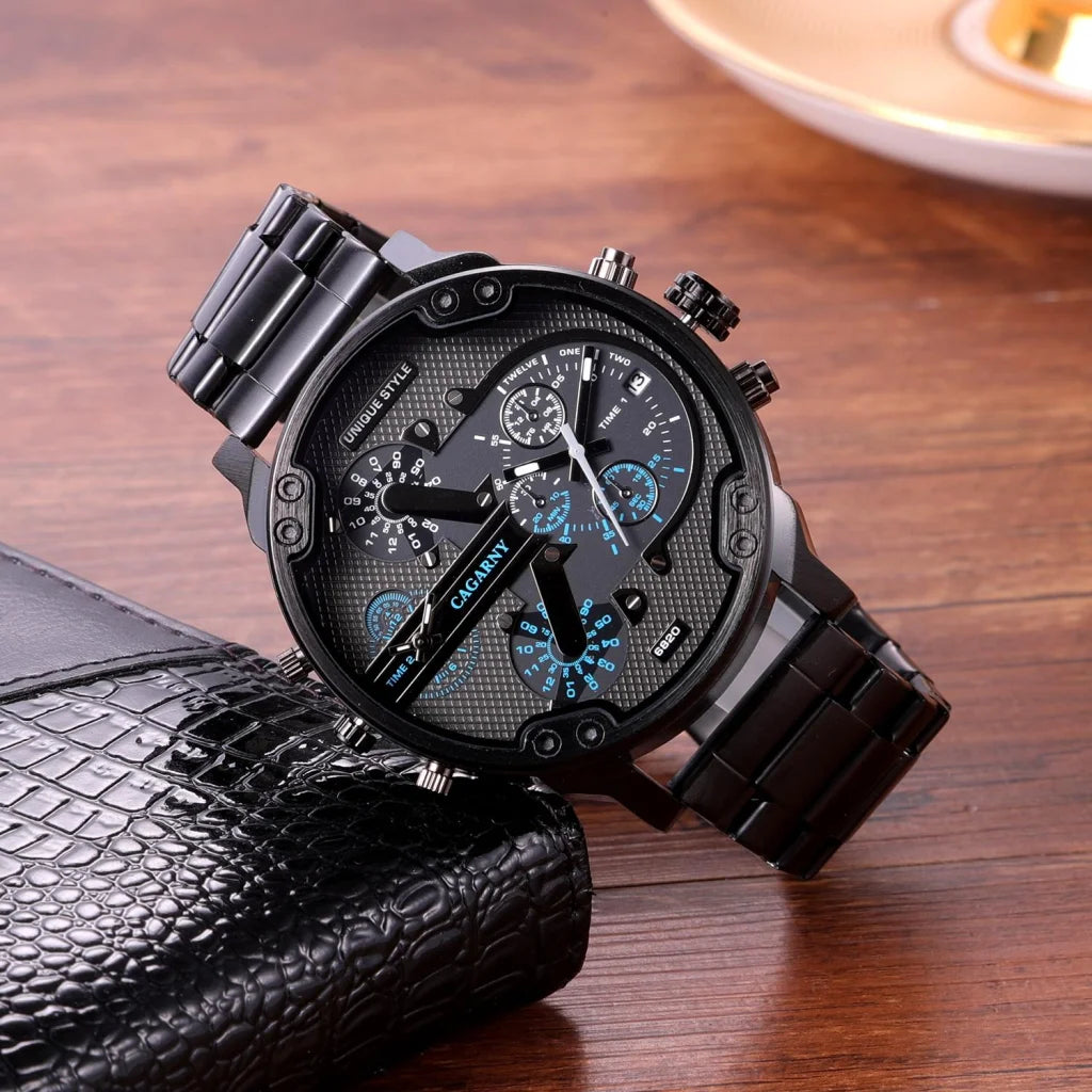 Men Dual Movement Steel Quartz Watch with Blue Face