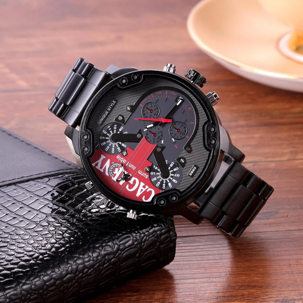 Men Dual Movement Steel Quartz Watch with Red Face