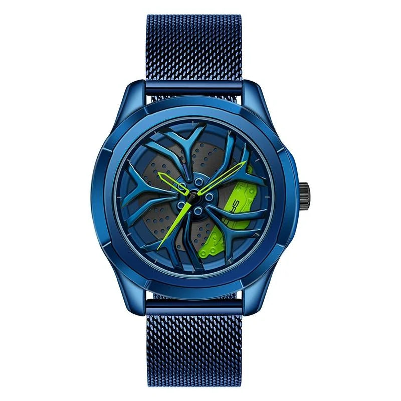 Men Mesh Belt Quartz Watch with 3d Hollow out Wheel