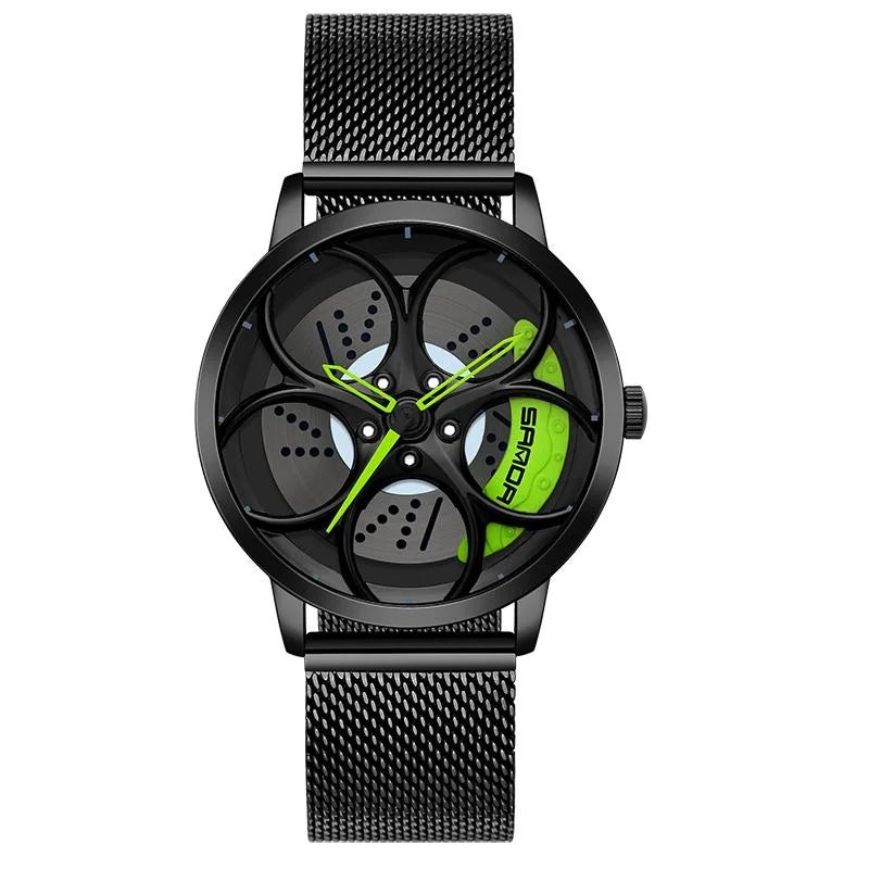 Men Mesh Belt Quartz Watch with 3d Oval Hollow out Wheel