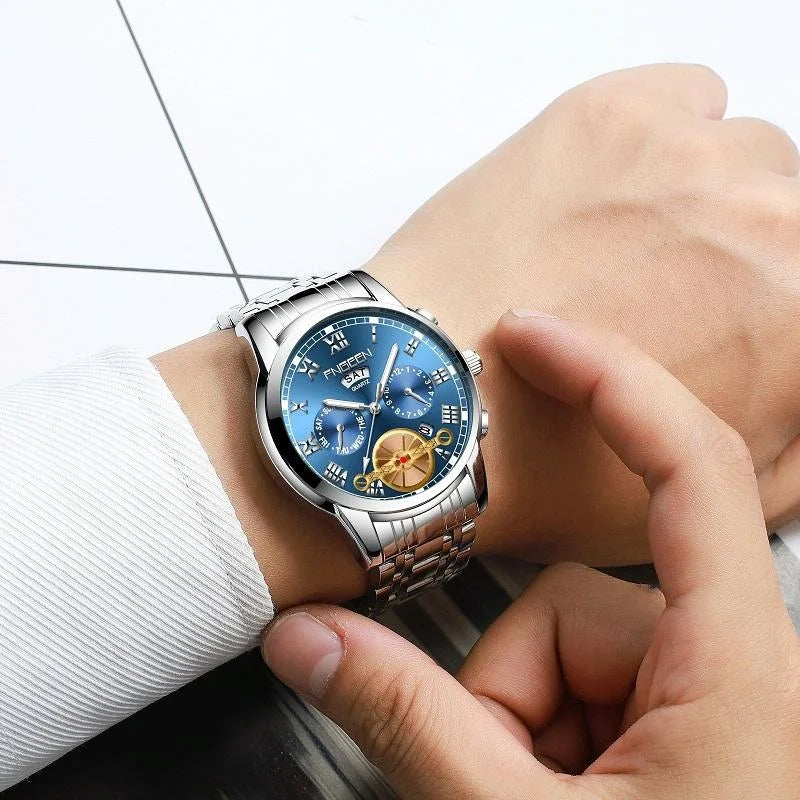 Men Multi-function Quartz Watch - Black Leather and Steel