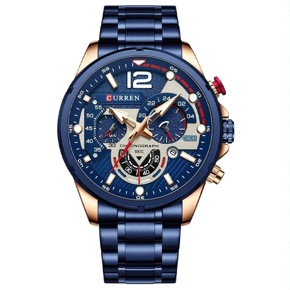 Men Quartz Watch with Six-hand Steel Strap and Calendar