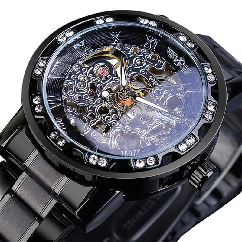 Men Skeleton Diamond Mechanical Watch - Luminous Pointer