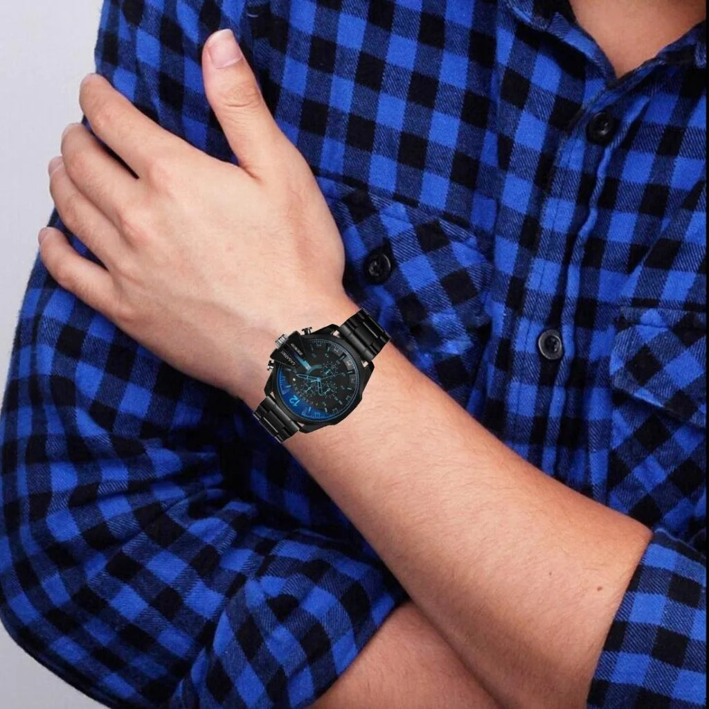 Men Stainless Steel Sports Watch with Large Dial - Black &