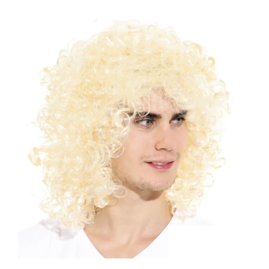 MENS LONG CURLY WIG Costume Party Fancy Long Hair Rock 70s