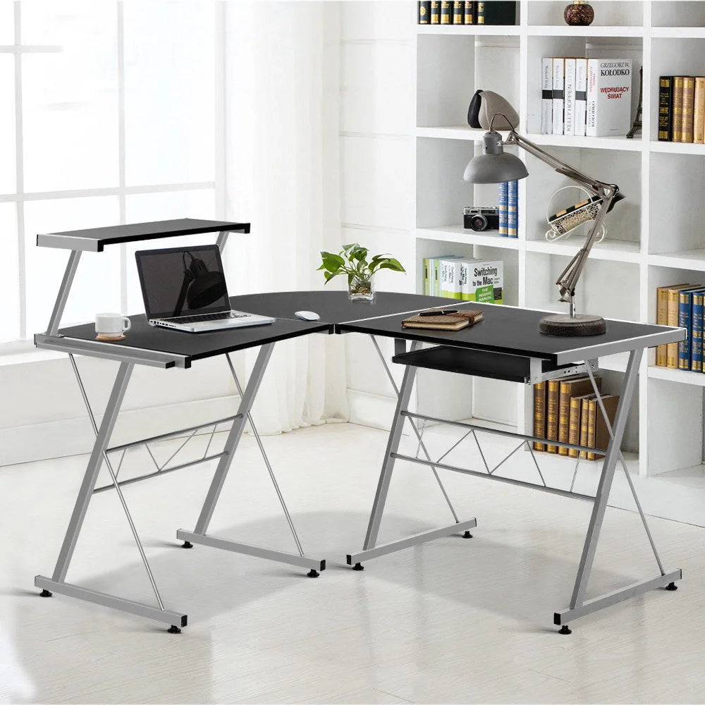Metal Corner Desk with Pull-Out Table Black - Office