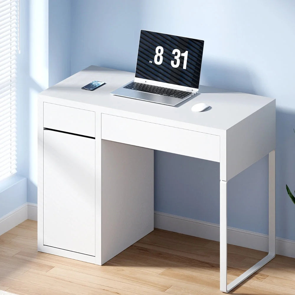 White metal storage cabinet with multiple compartments and lock mechanism