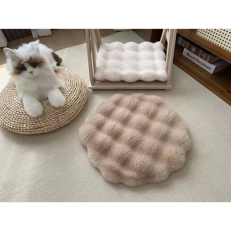 Milk tea color Plush Round Cat Mat - Soft Faux Fur Sleeping