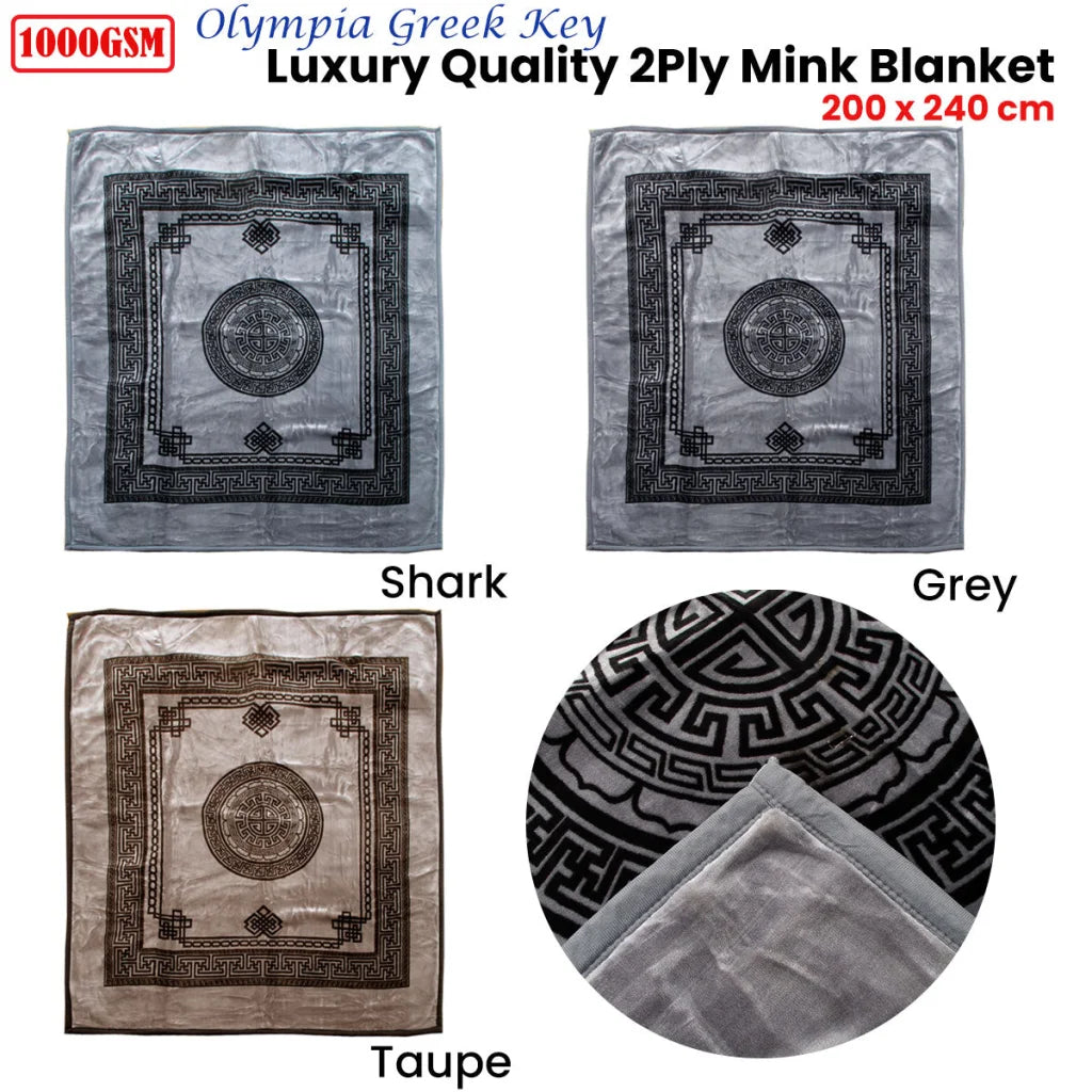 Mink Blanket Olympia Greek Key Luxury Quality 1000GSM 2 Ply