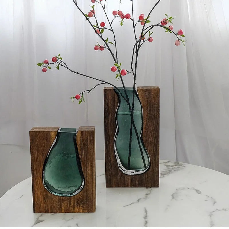 Modern Sculptural Wood and Glass Vase for Home Decor - Home