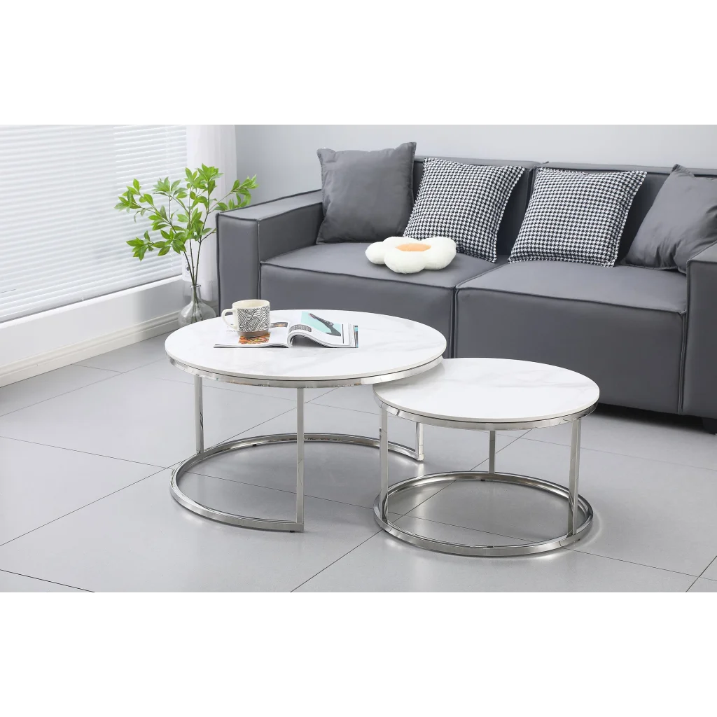 Nesting Style Coffee Table - White on Silver Stainless