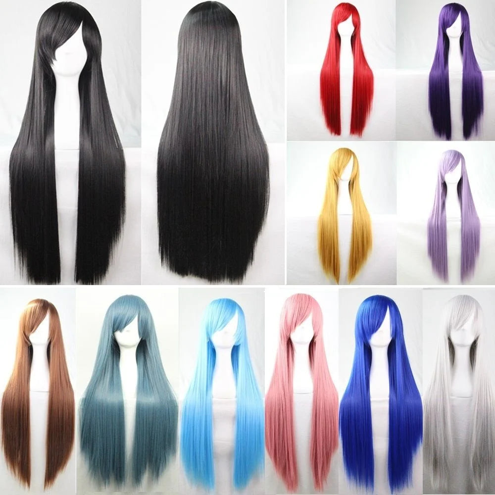 New 80cm Straight Sleek Long Full Hair Wigs w Side Bangs