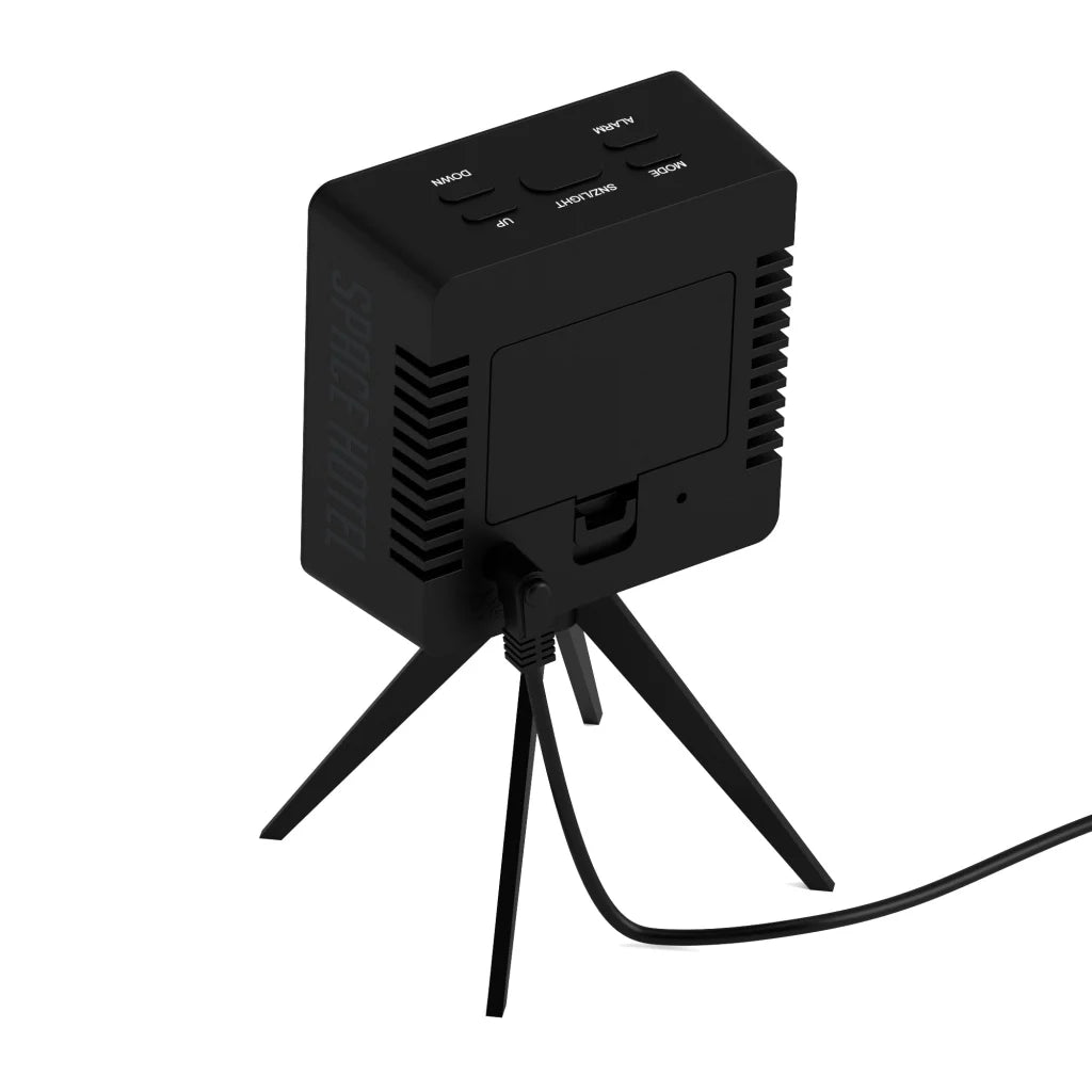 Black wall clock with display setup and product form