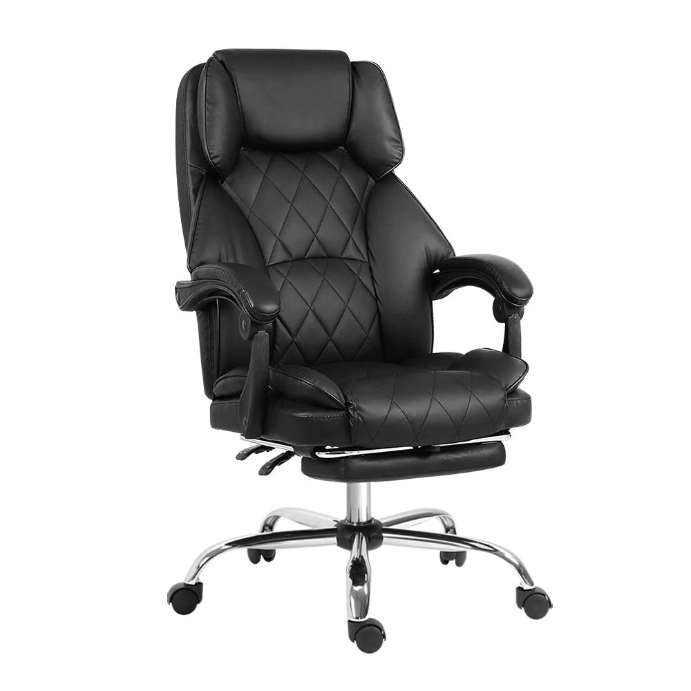 Leather office chair with upholstered seat and curved back